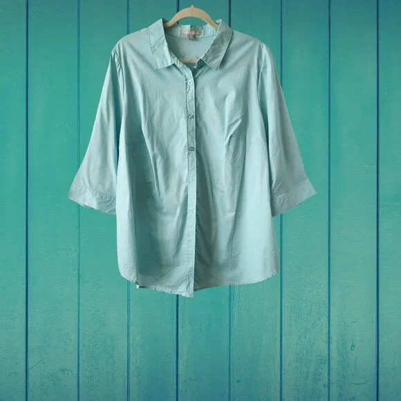 Woman Within Mint Green 3/4 Sleeve Button Down Shirt Size L (18W/20W) - Picture 10 of 10